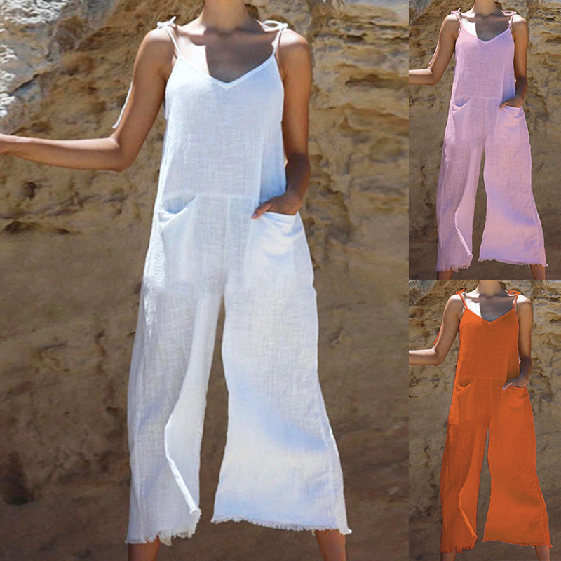 Women's linen jumpsuit with stylish V-neck and practical pockets, size S