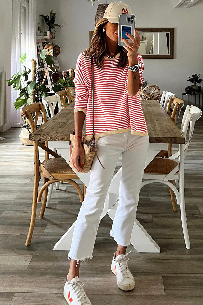 GR Kontrast gestreifter Drop-Shoulder-Pullover
