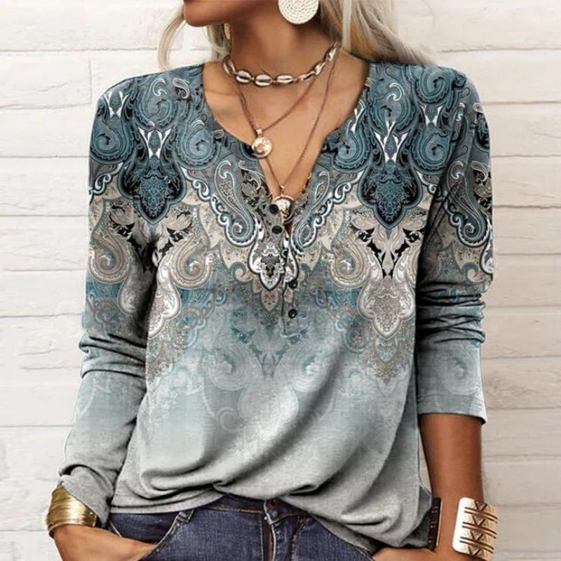 Women's long-sleeved shirt with detailed print and button placket, size