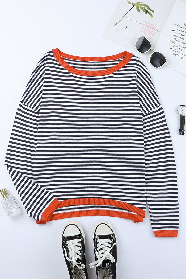 GR Kontrast gestreifter Drop-Shoulder-Pullover