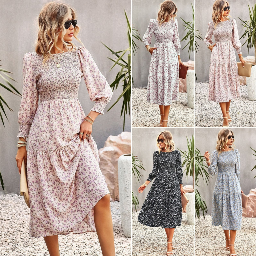 Damen florales Midi-Kleid mit geraffter Taille und langen Ärmeln GR
