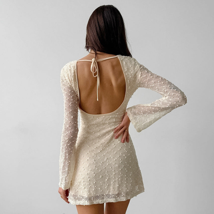GR | Jacquard Mini Kleid Taillierte Silhouette Rundhals Langarm Rückenfrei Mit Schleife