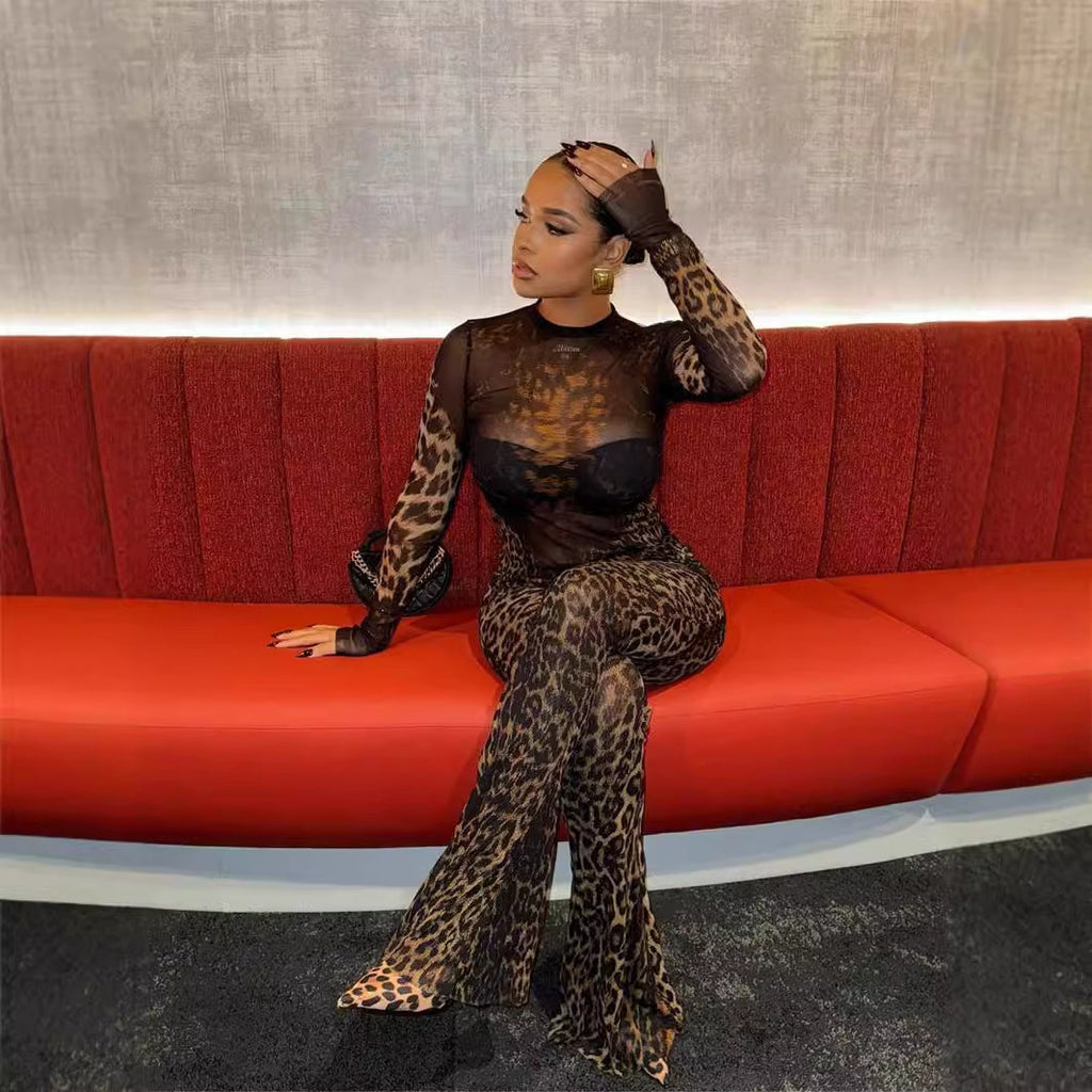 GR | Leopard print long-sleeved top and pants set
