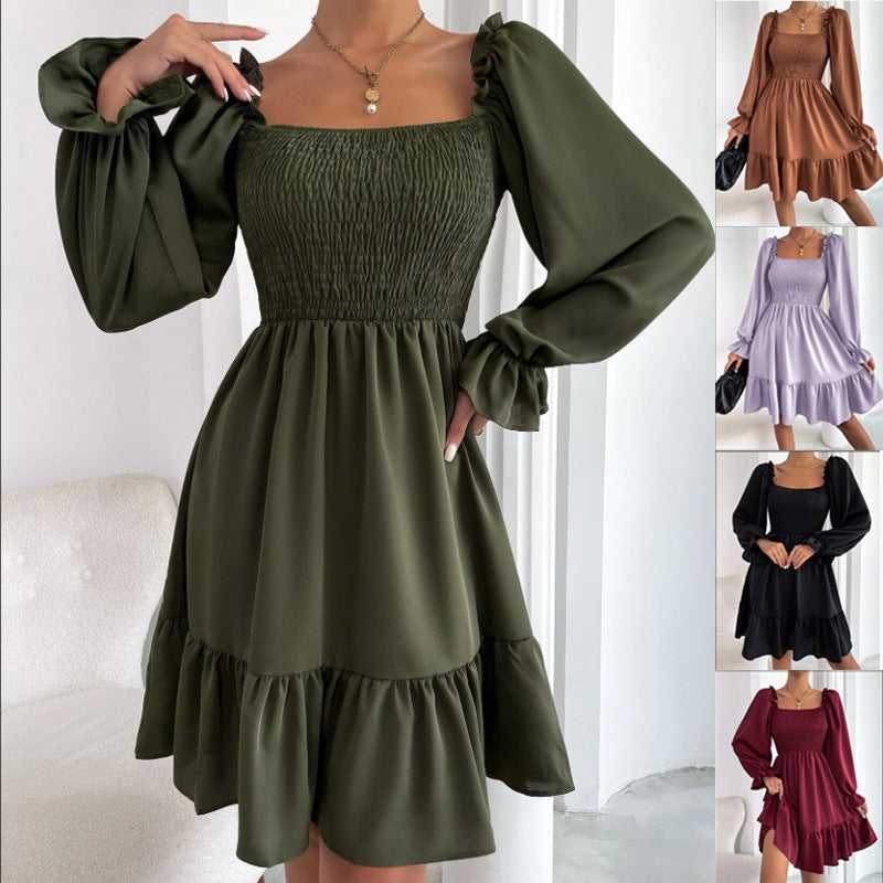 Women's fitted mini dress with voluminous ruffled sleeves and square neck, size S