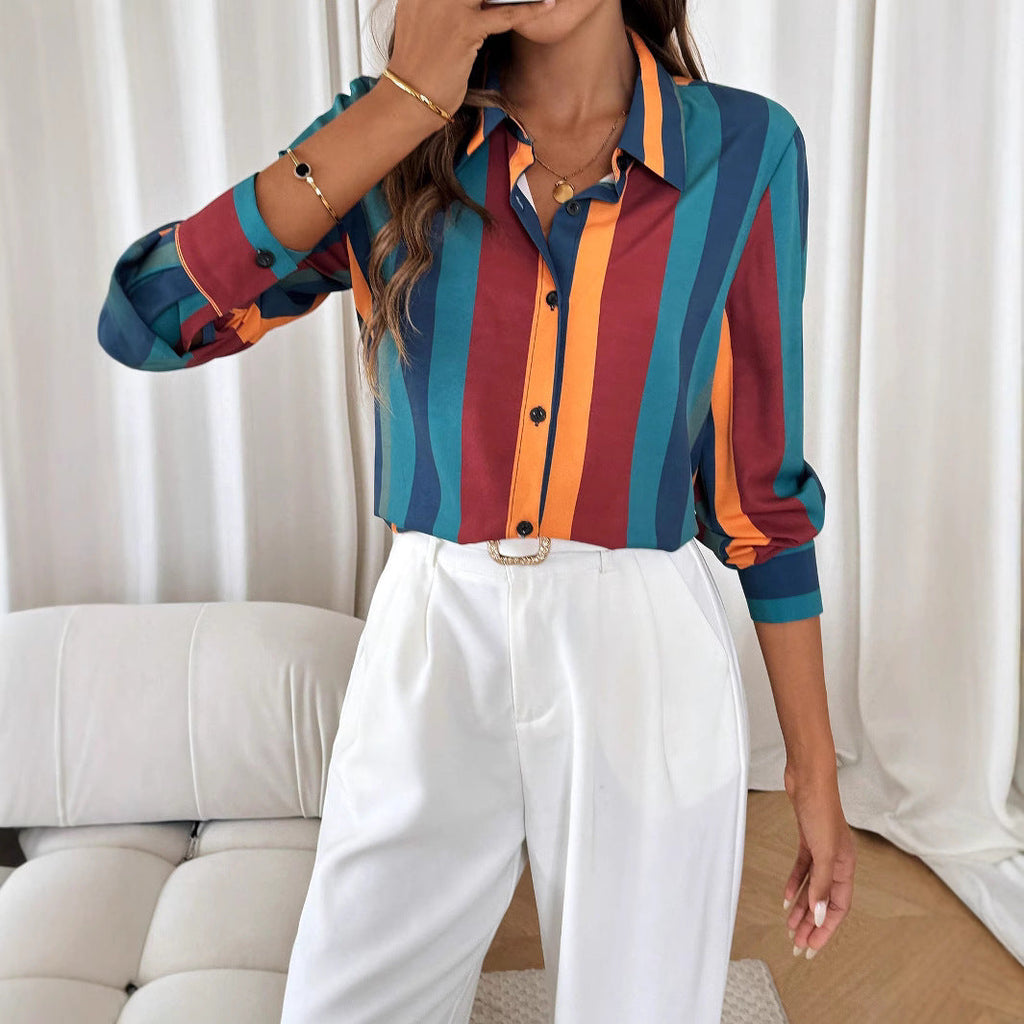Damen Bluse mit farbenfrohem Streifenmuster und eleganter Knopfleiste GR