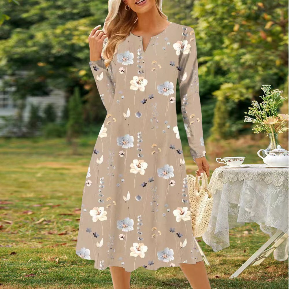 GR | Bedrucktes V-Ausschnitt Knopf Langarmkleid