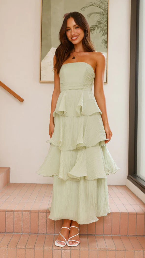 GR | Strapless Tiered Kleid Rückenfreies Schichten Design Eleganter Fließender Schnitt