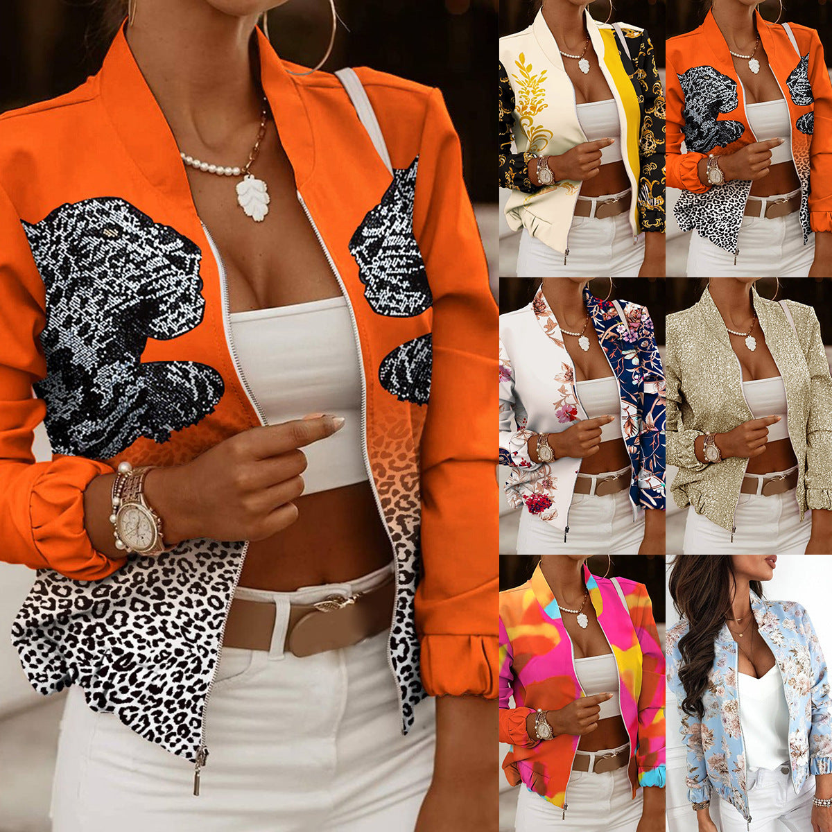 Women's sporty bomber jacket with floral design and contrasting sleeve accents, size GR