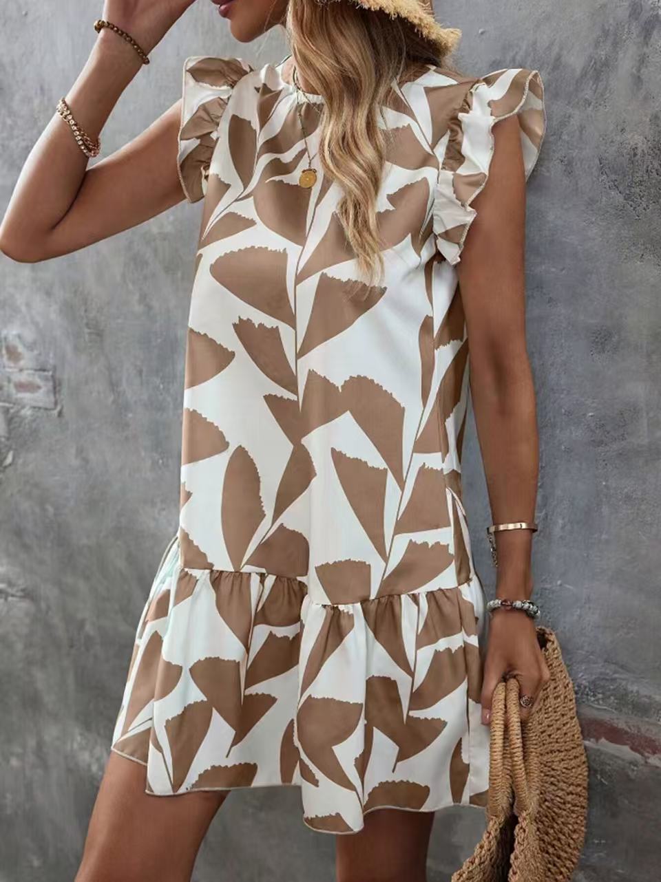 Women's summer dress with ruffle details and floral pattern, size