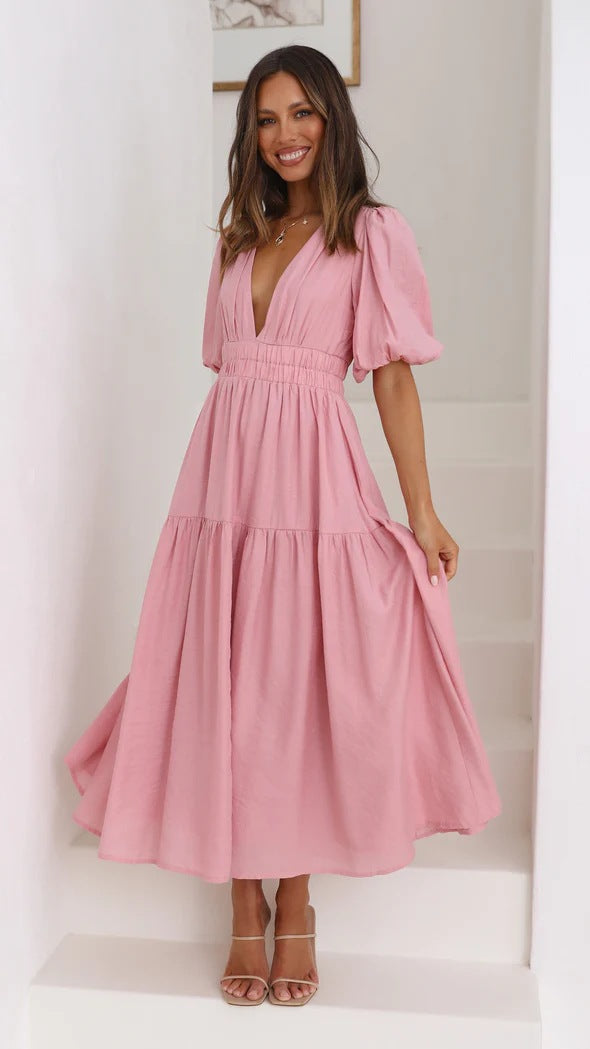 GR | Lässige Trends Sommer V-Ausschnitt Figurbetont Taillenkleid Midilänge