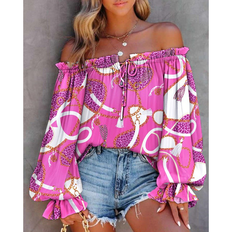 Damen Off-Shoulder Bluse mit buntem Muster und elastischem Saum GR