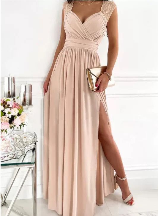 Women's evening dress with elegant V-neck and ruffle details, size