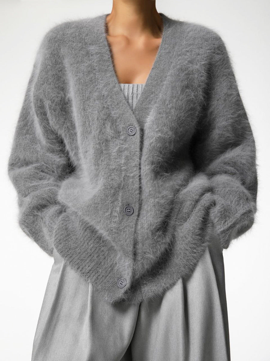GR Plush Loose Long Sleeve V-Neck Buttoned Cardigan