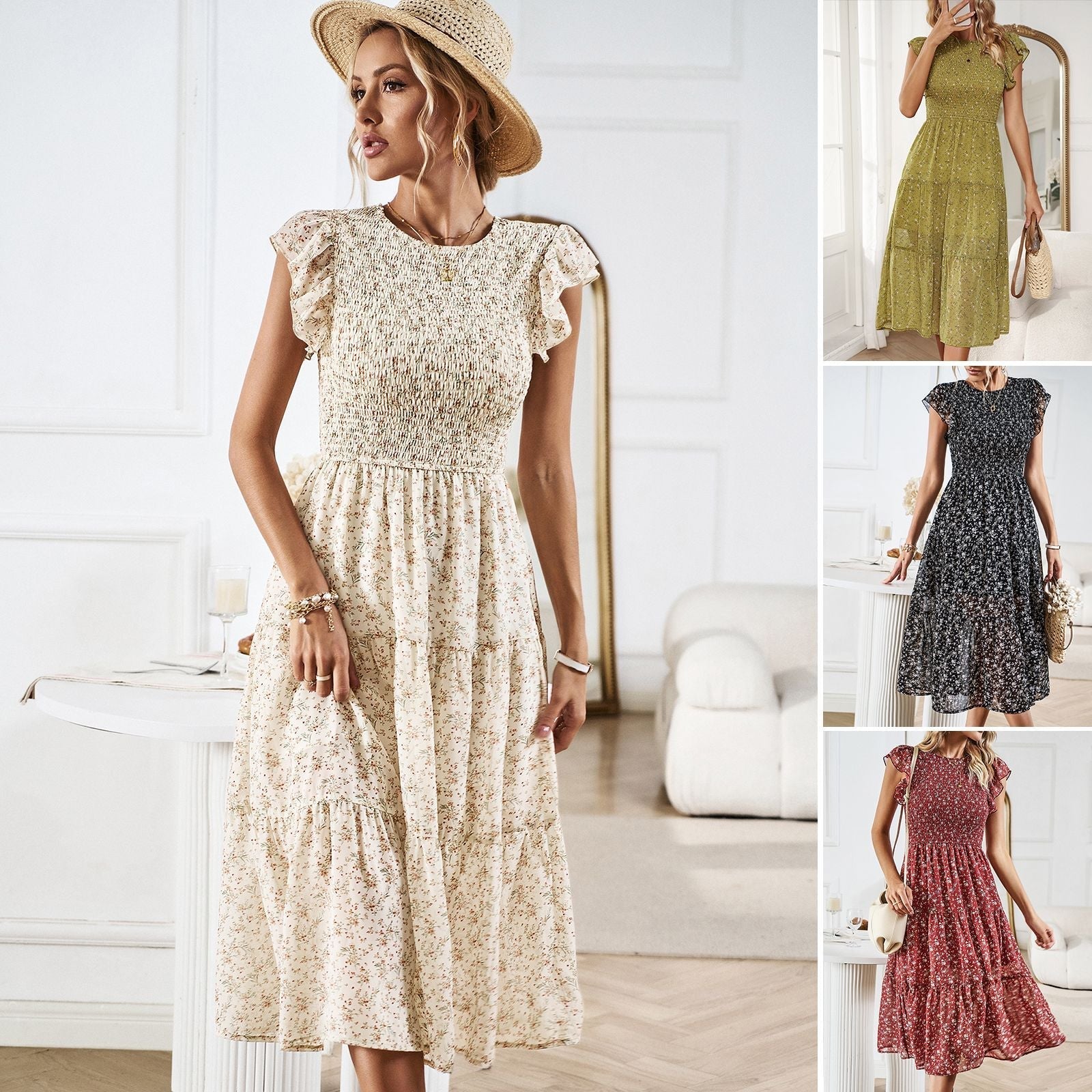 Women's midi dress with floral design and flattering ruffled hem, size [size missing]