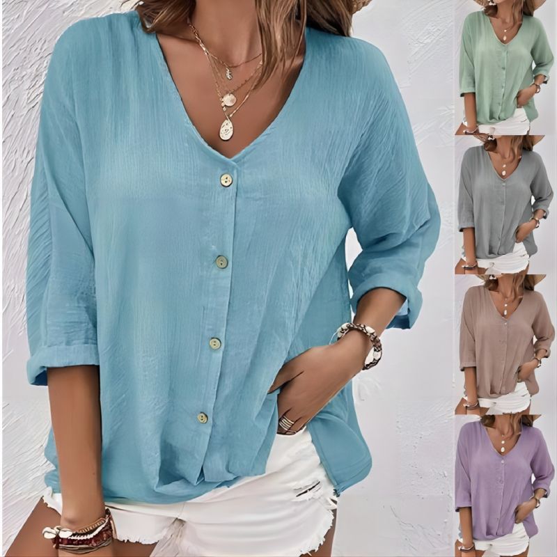 Damen lässige Bluse mit Knopfleiste und V-Ausschnitt GR