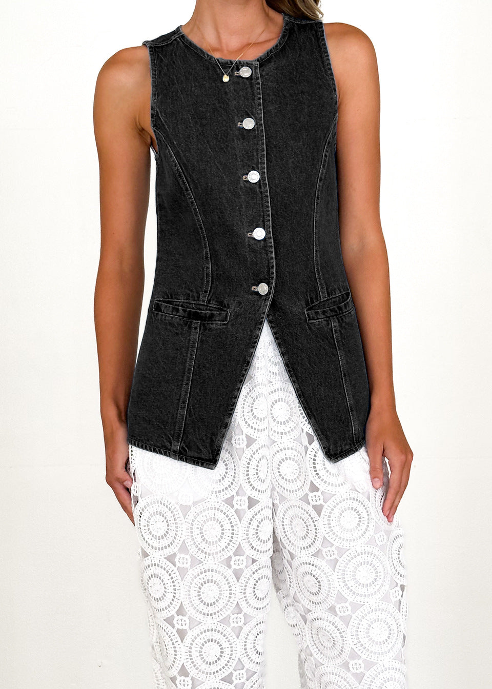 Women's denim shirt jacket with a modern cut and button details, size S