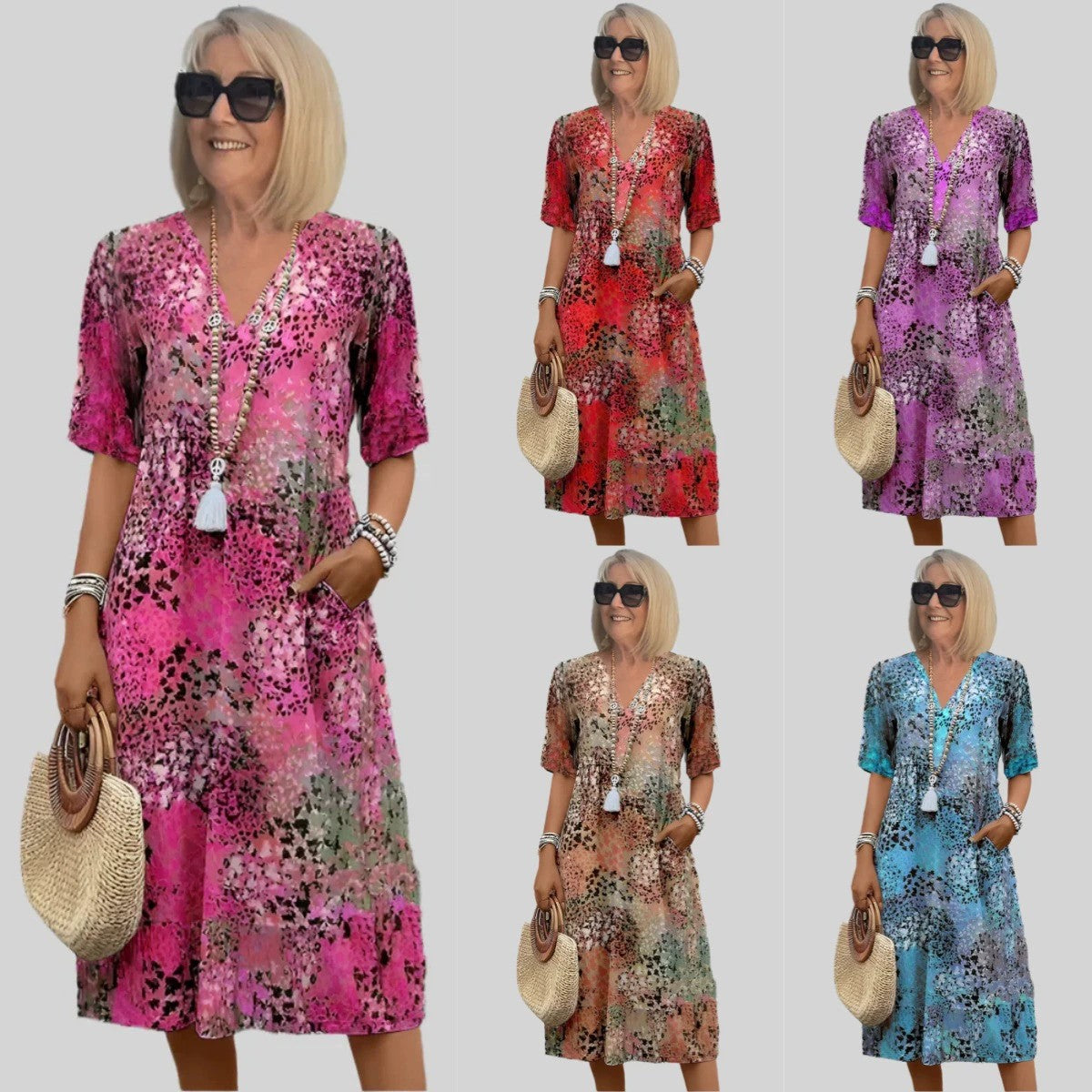 Women's loose summer dress with V-neck and pockets