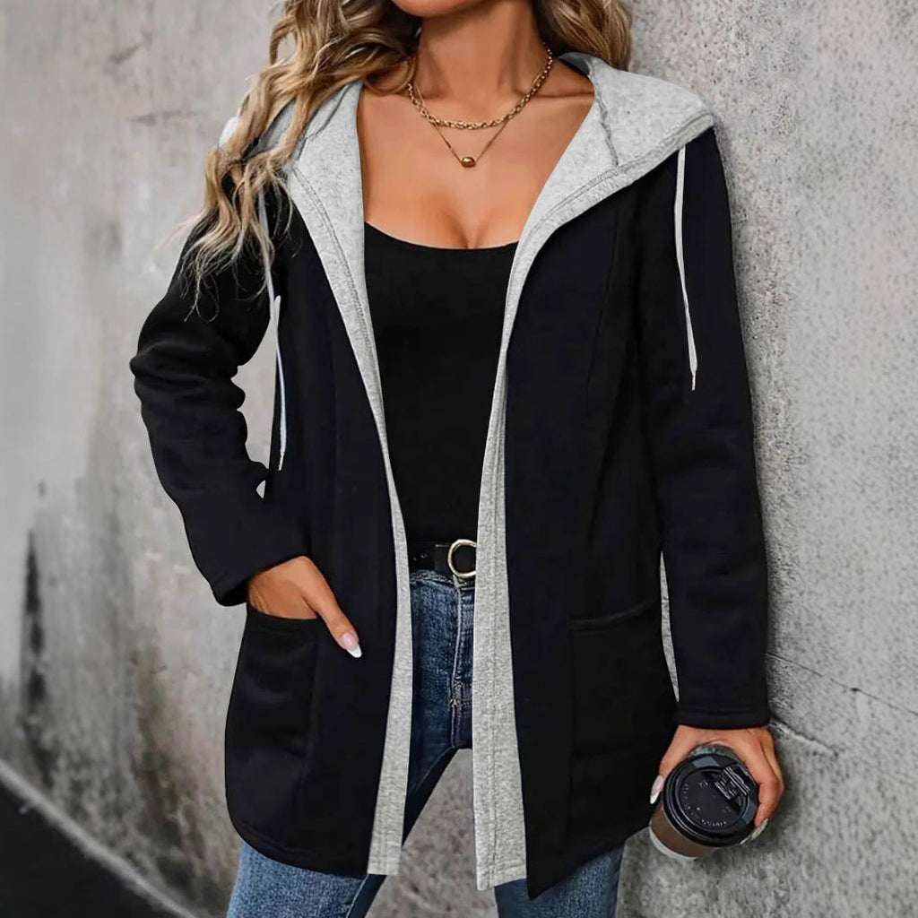 Women's casual long-sleeved jacket with hood and practical pockets, size