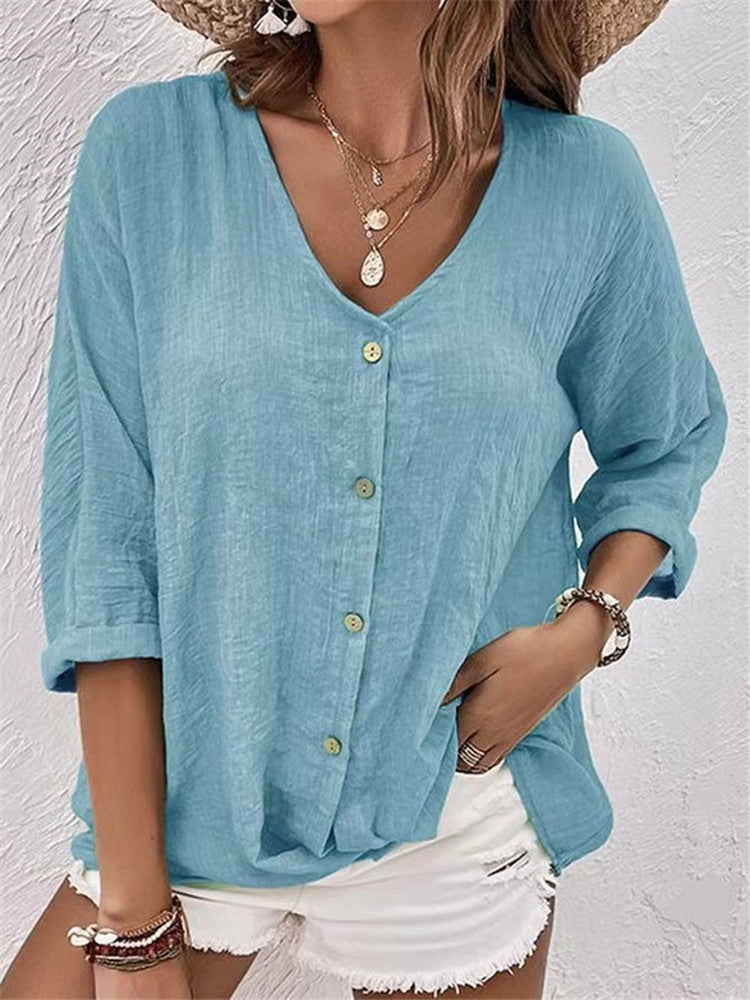 Damen lässige Bluse mit Knopfleiste und V-Ausschnitt GR