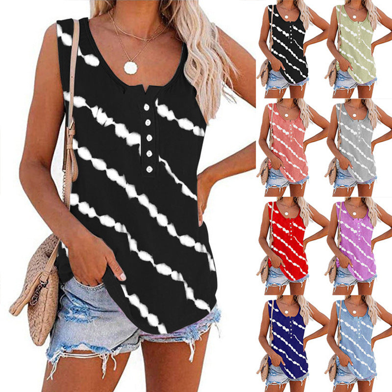 Women's sleeveless top with button placket and modern batik pattern, size