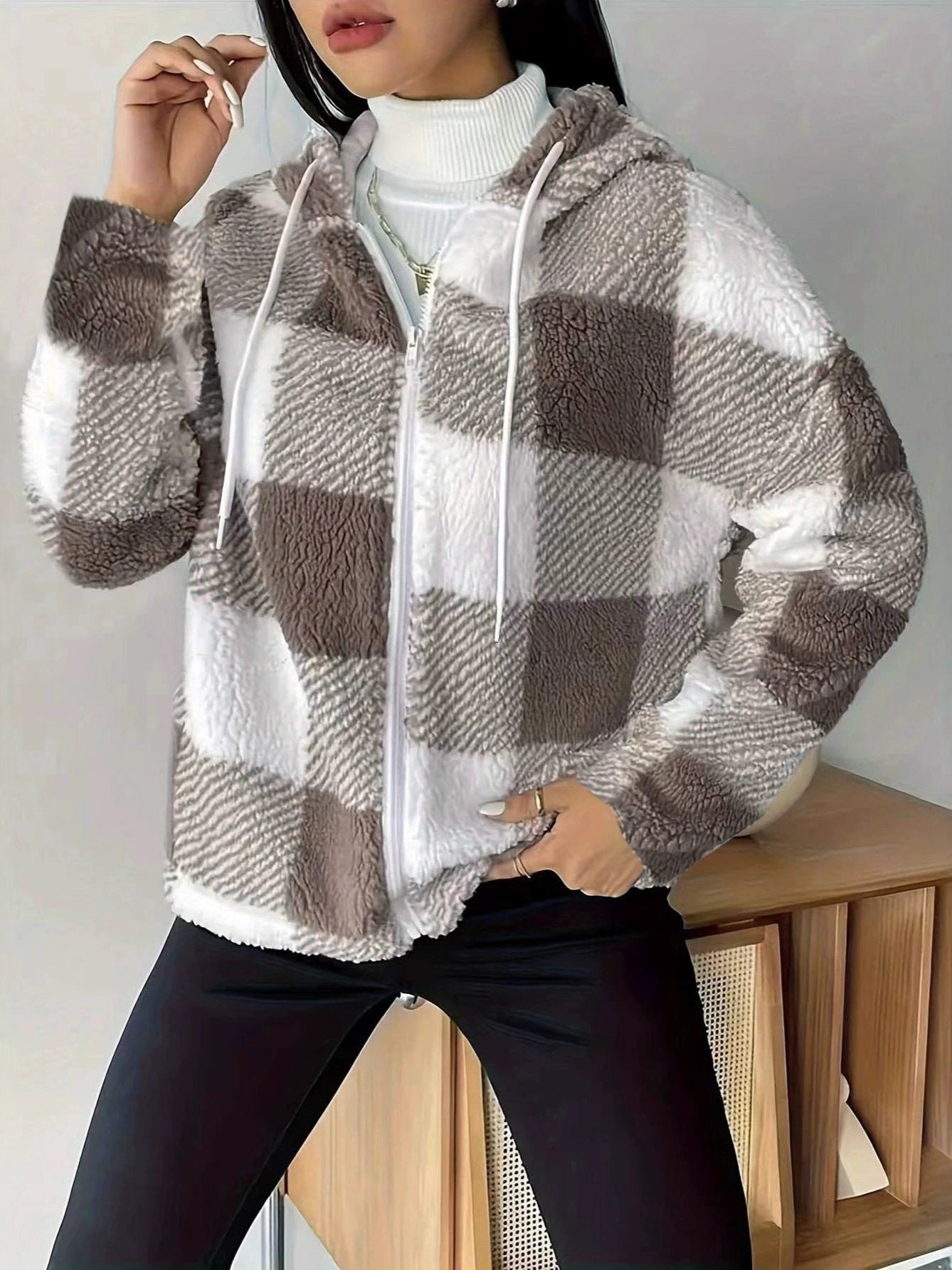 GR | Kariert Teddy Hoodie Jacke | Warm und Bequem für den Winter