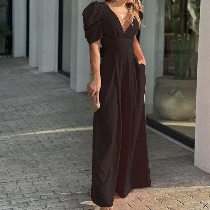 Women's puff sleeve jumpsuit with deep V-neck and wide legs, size [size missing]
