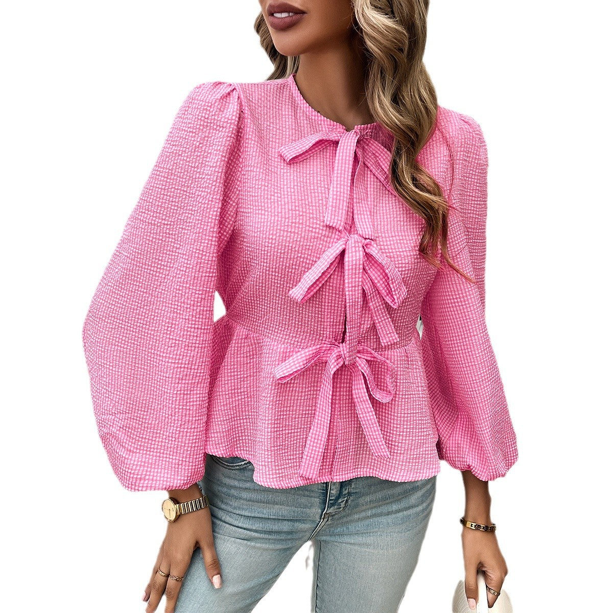 Women's blouse with decorative ribbons and flounced sleeves, size
