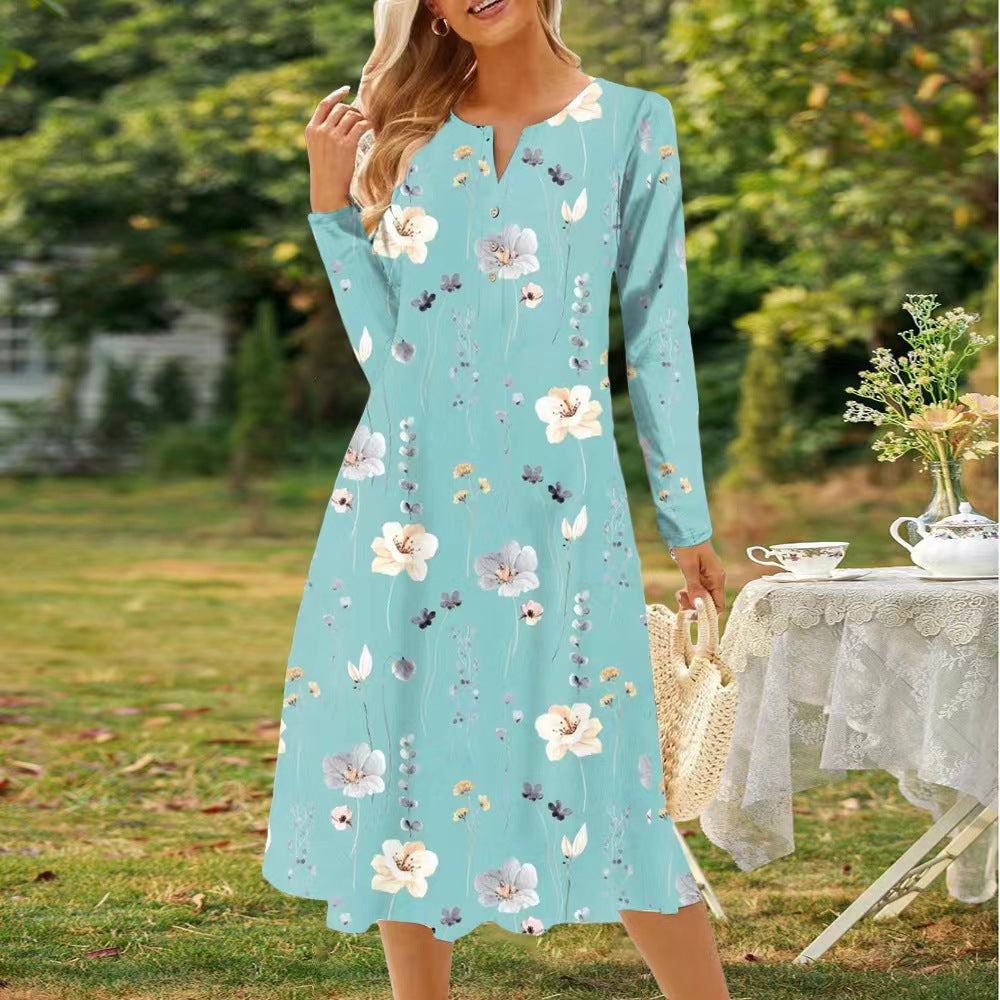 GR | Bedrucktes V-Ausschnitt Knopf Langarmkleid