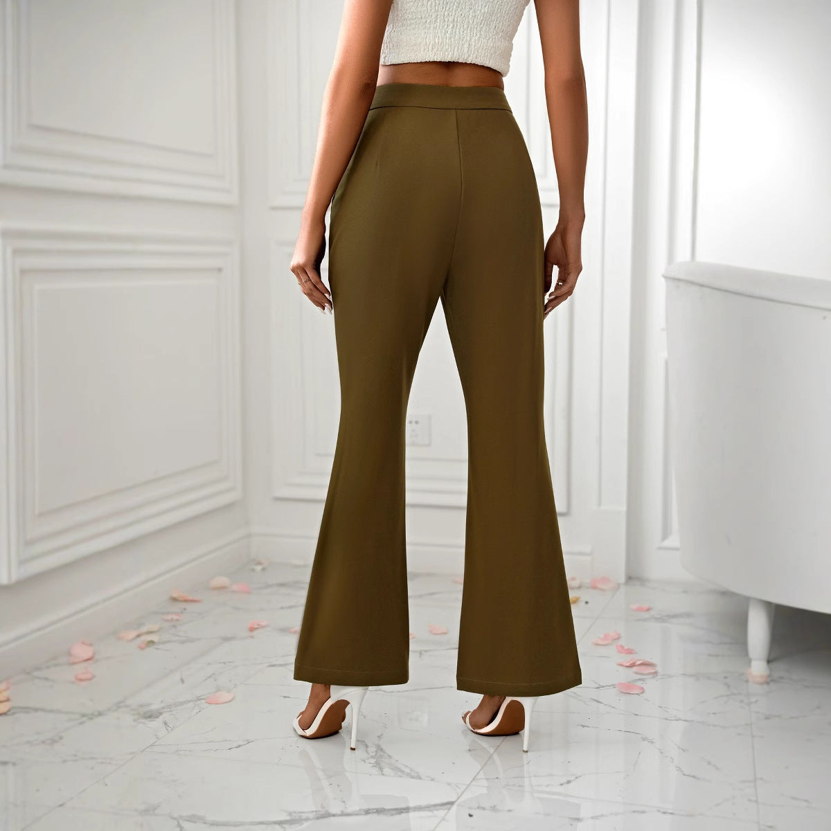 Women's elegant flared trousers with side slits and high waist, size