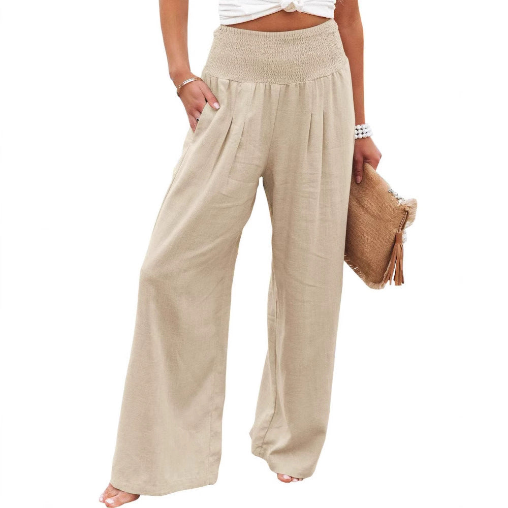 Damen Weite Leinenhose mit elastischem Bund und Falten GR