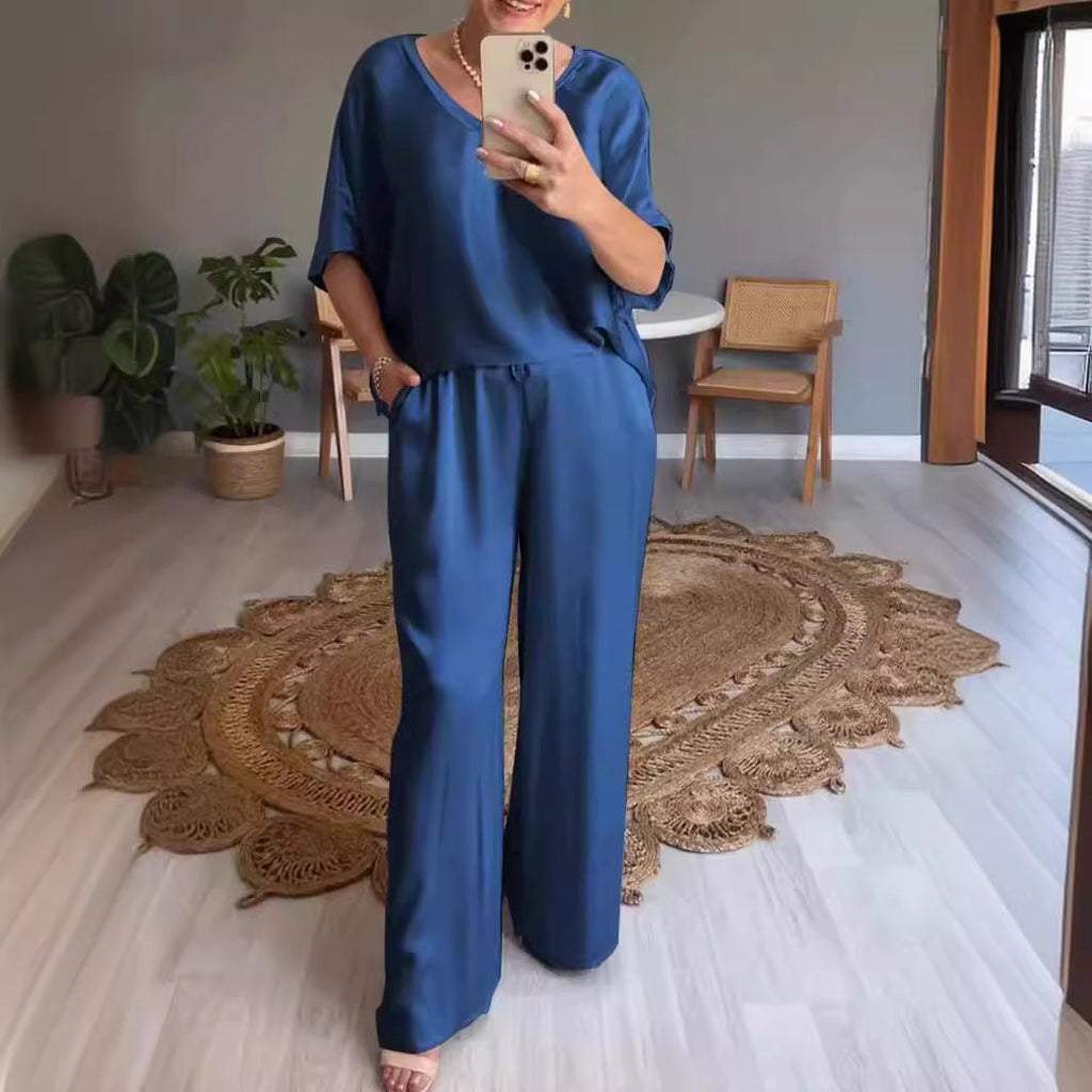 GR | Solid color, silky V-neck casual suit 