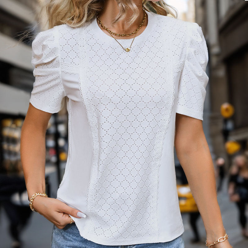 Damen elegante Bluse mit Spitzendetails und Puffärmeln GR
