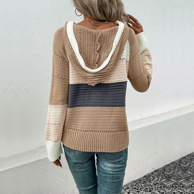 Women's casual pullover with textured pattern and hood, size