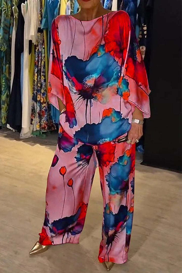 GR | Elegant satin one-shoulder printed loose set 