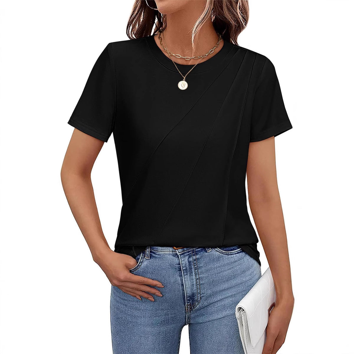 GR | Einfarbig Gestreiftes Lockeres Rundhals Kurzarmoberteil