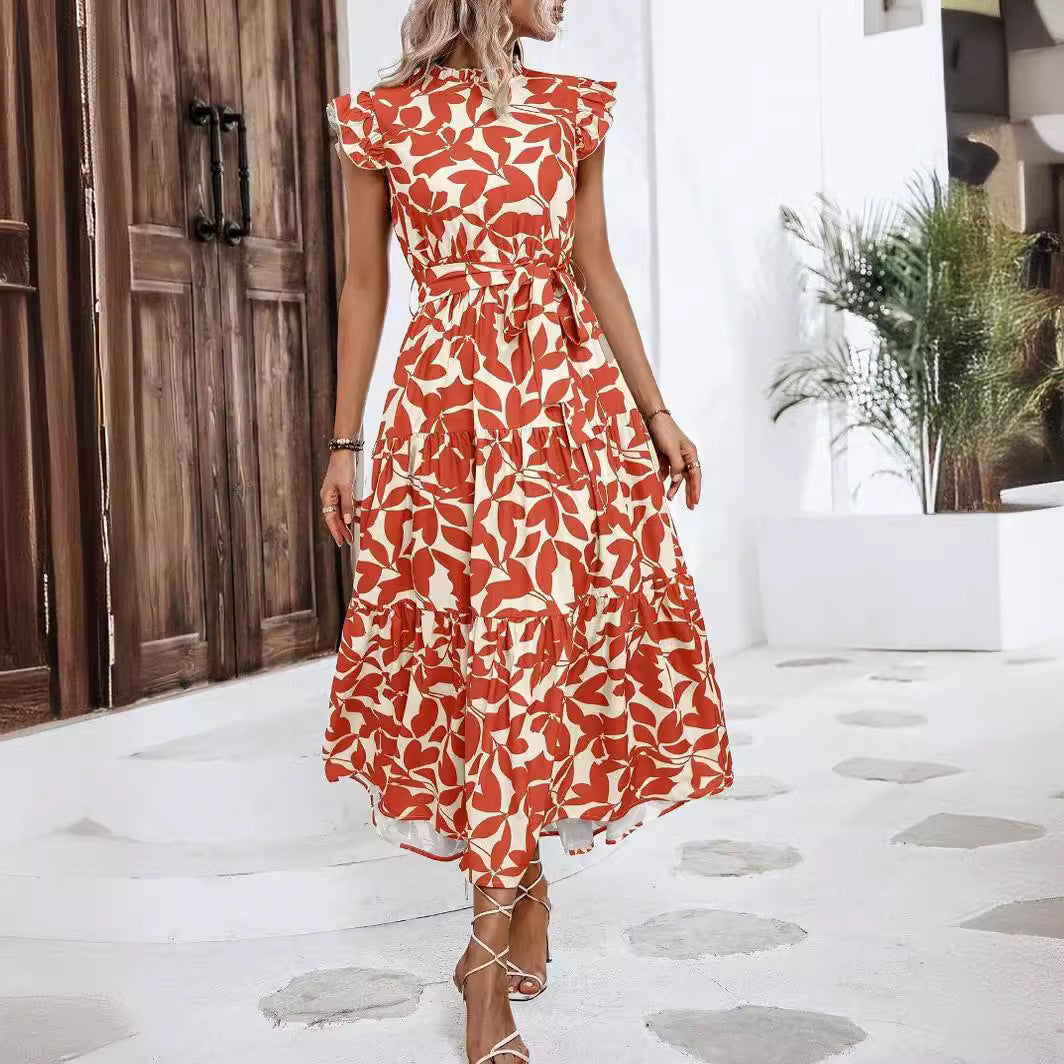 Women's casual midi dress with ruffles and floral pattern, size