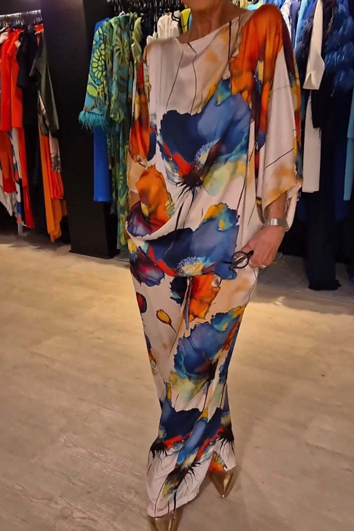 GR | Elegant satin one-shoulder printed loose set 