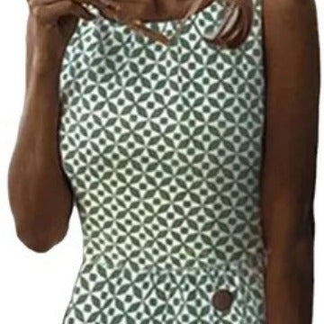 GR | Ärmelloses bedrucktes grünes Knopf-Casual-Kleid