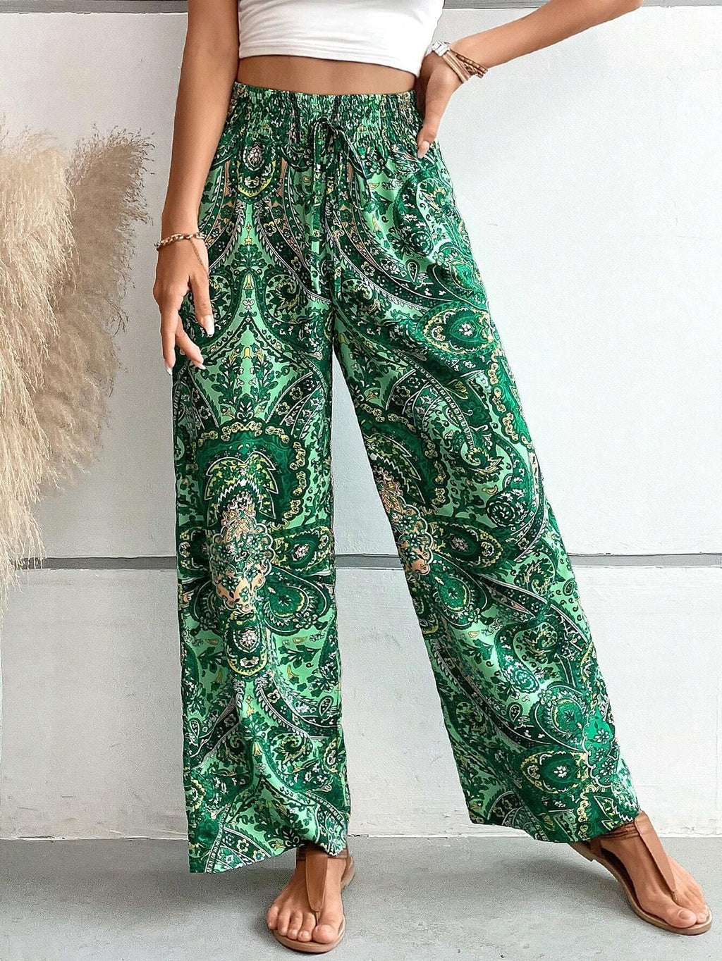 Damen weite Palazzo-Hose mit elastischem Bund und elegantem Paisleymuster GR