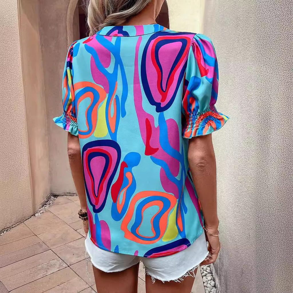GR | Abstract Print Puff Sleeve Short Shirt
