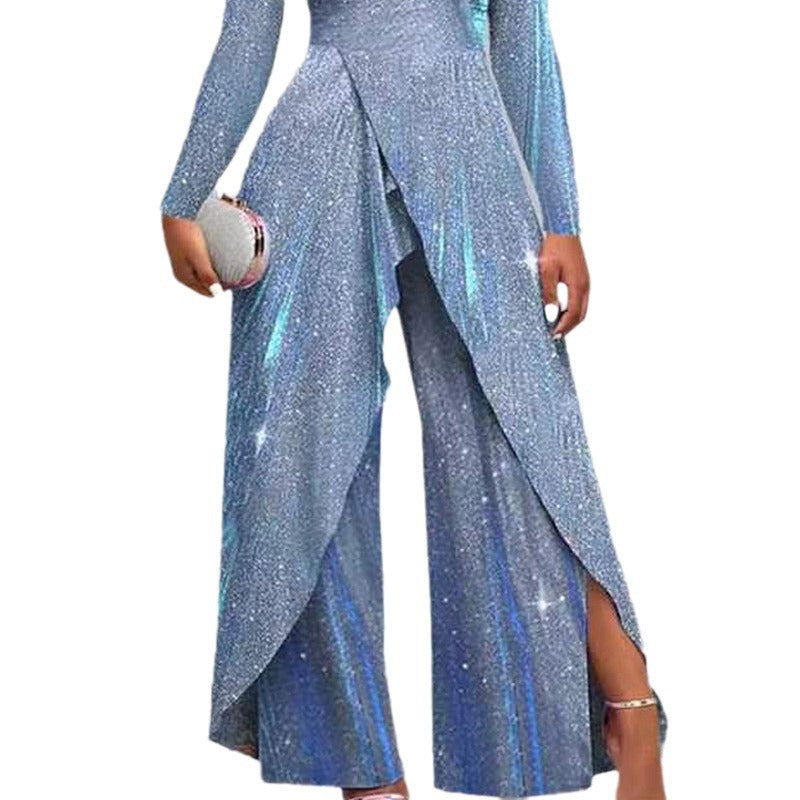 Women's glamorous jumpsuit with shimmering sequin trim and elegant cut-outs, size GR
