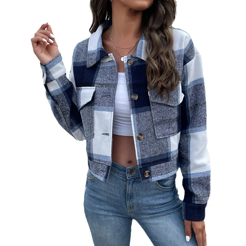 Women's cropped plaid jacket with practical pockets and fashionable details, size S