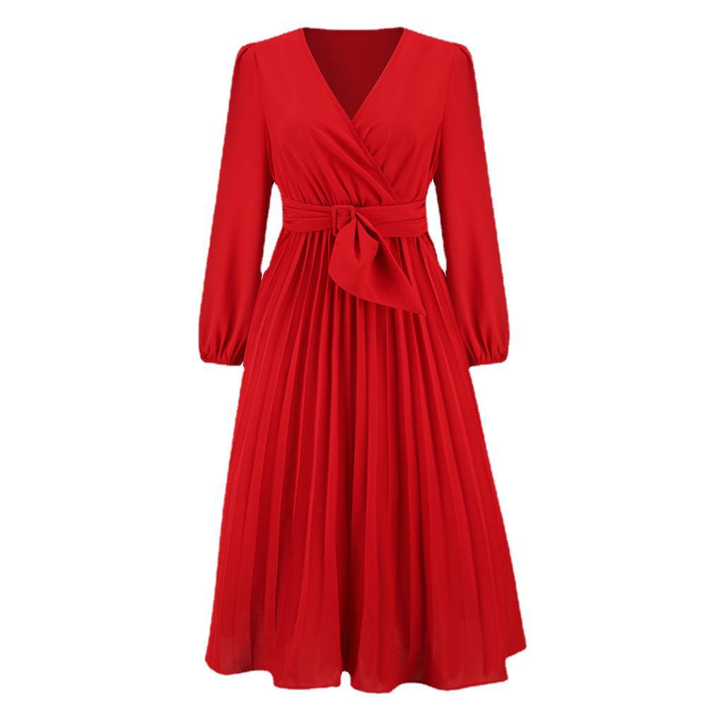 Women's wrap dress with pleated design and elegant waist belt, size