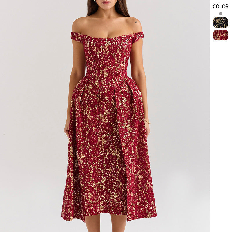 Damen Abendkleid mit schulterfreiem Design und exquisite Spitze GR