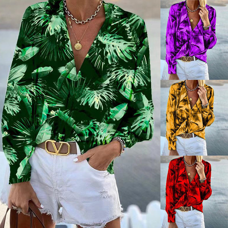 Damen Bluse mit floralem Muster und tiefem V-Ausschnitt GR
