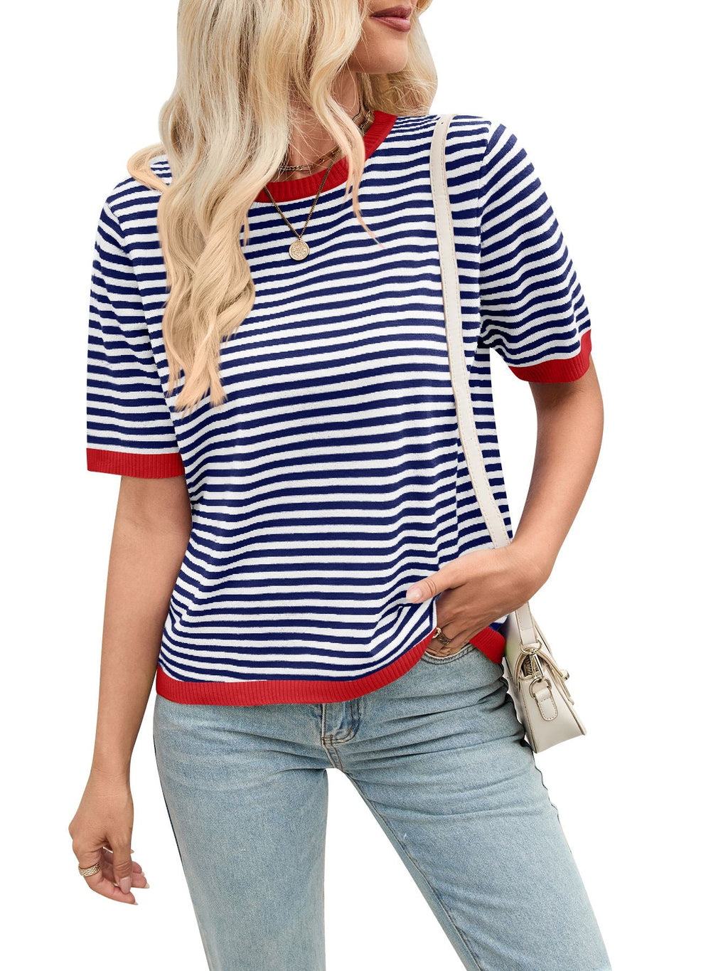 Women's comfortable striped casual blouse with contrasting collar, size