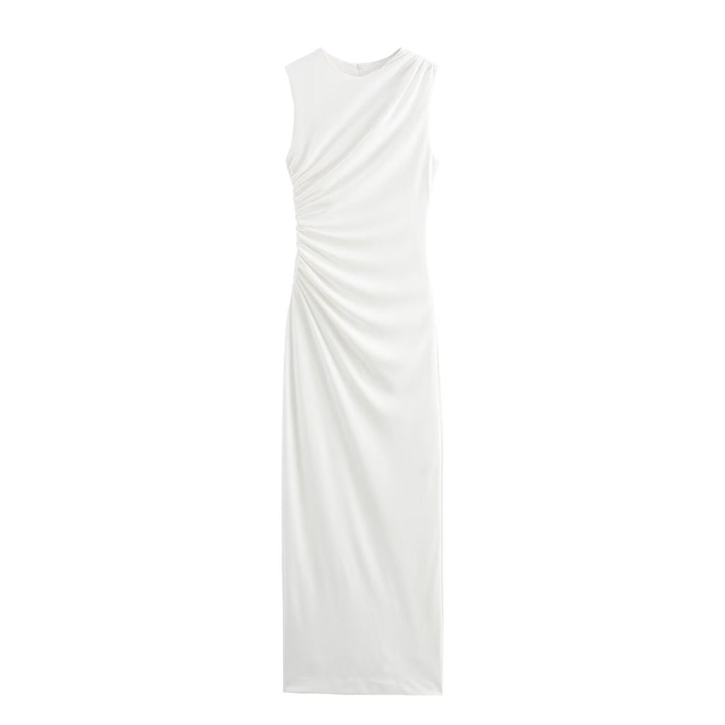 GRMODE | Solid Color Round Neck Sleeveless Pleated Slim Fit Dress