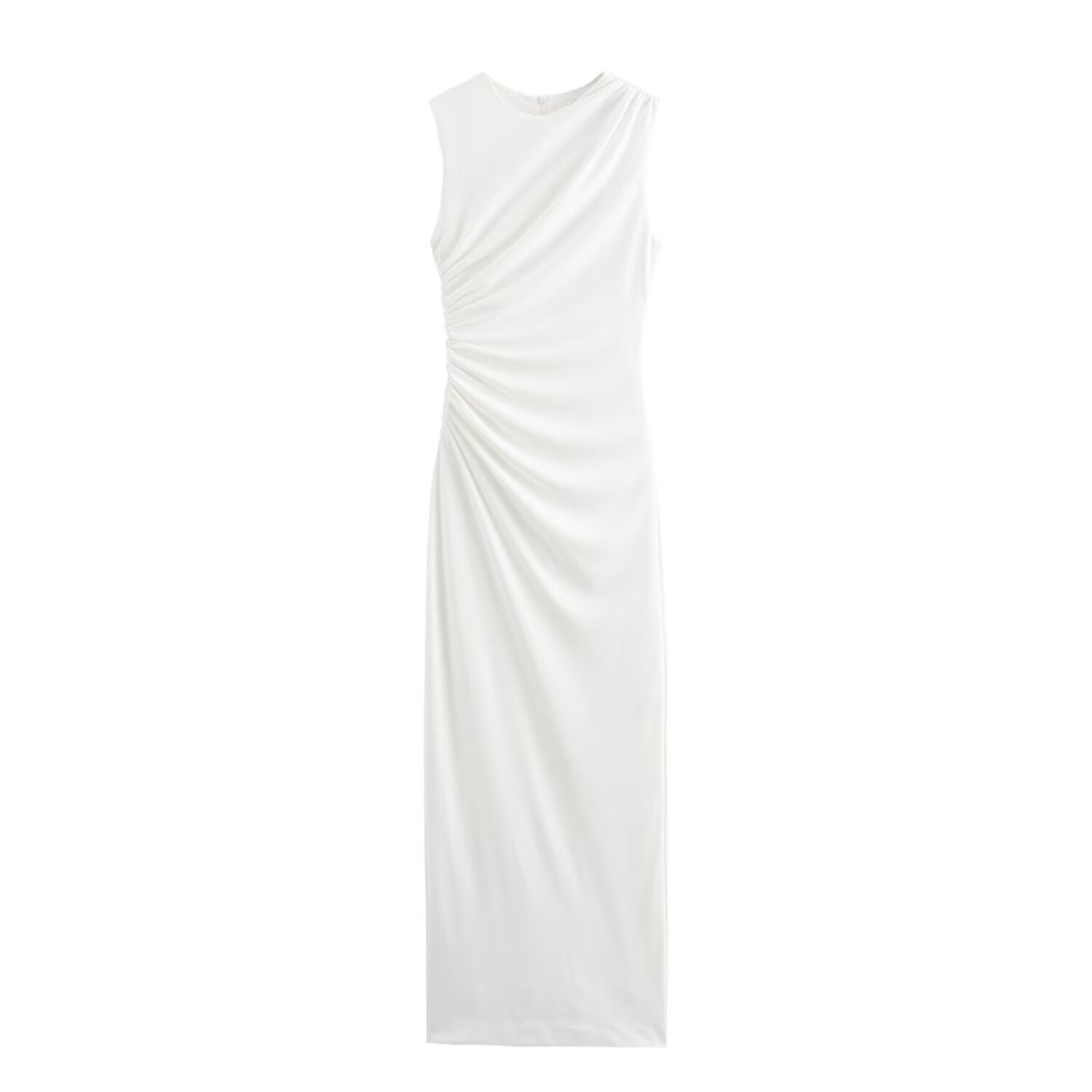 GRMODE | Solid Color Round Neck Sleeveless Pleated Slim Fit Dress
