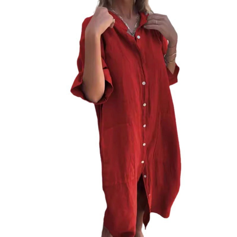 GR | Loose, casual cotton-linen shirt dress with half sleeves