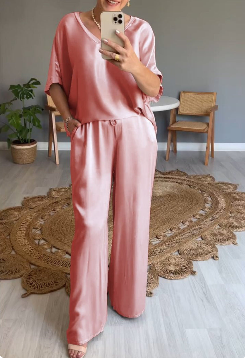 GR | Solid color, silky V-neck casual suit 